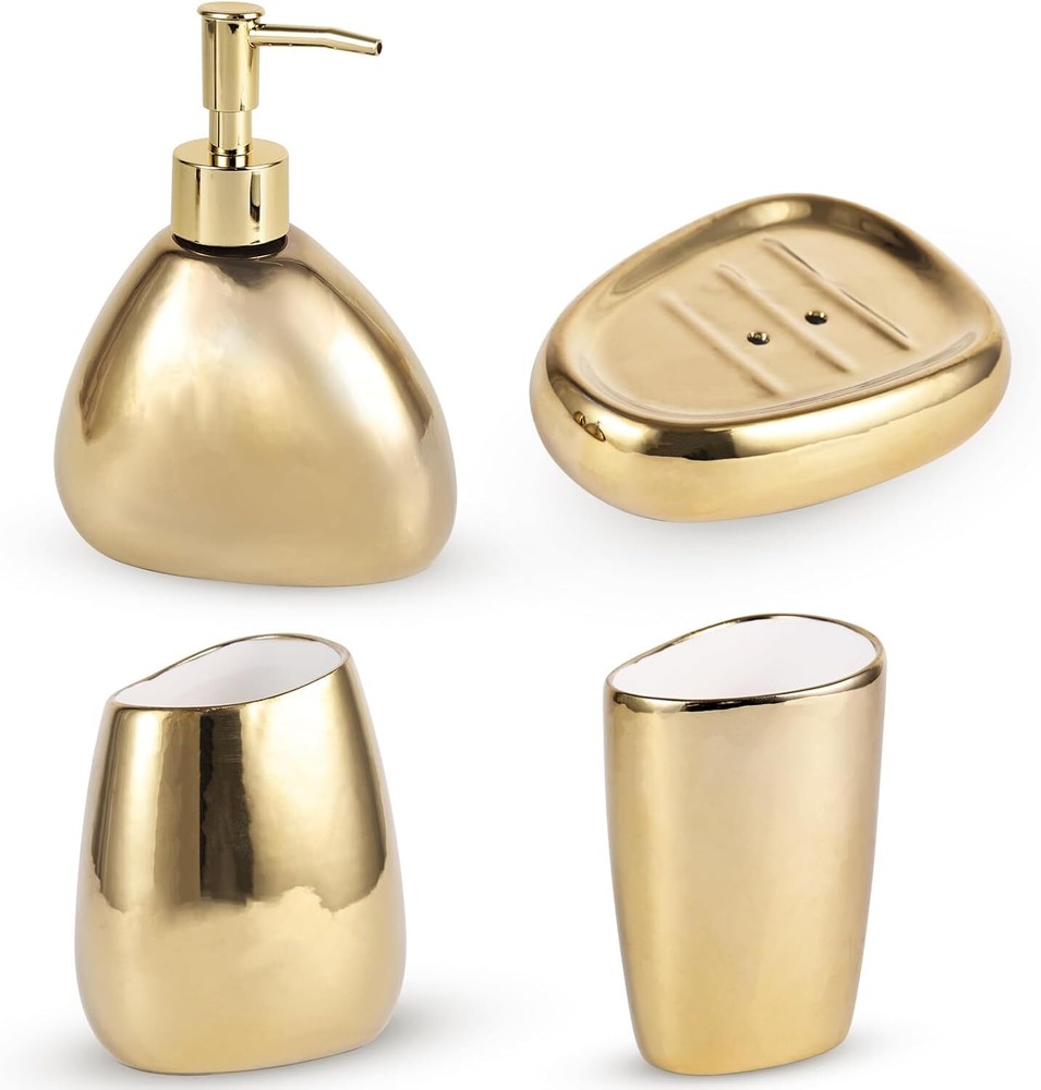 Gold 4-Piece electroplated Ceramic Bathroom Set, Equipped with Lotion Dispenser