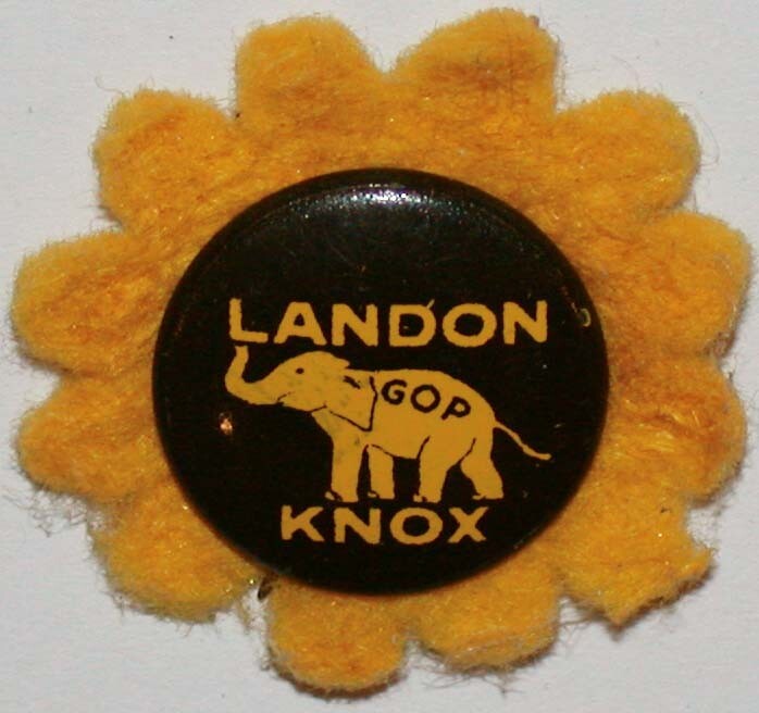 Vintage pinback pin LANDON KNOX GOP elephant pictured on sunflower 1936 n-mint