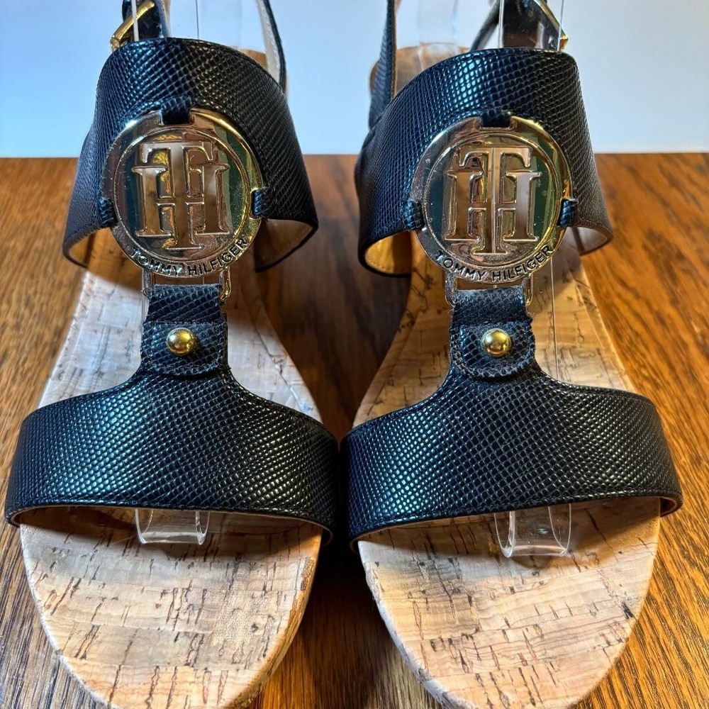 Tommy Hilfiger Black Low Wedge Sandals Size 7.5 Womens Shoes  