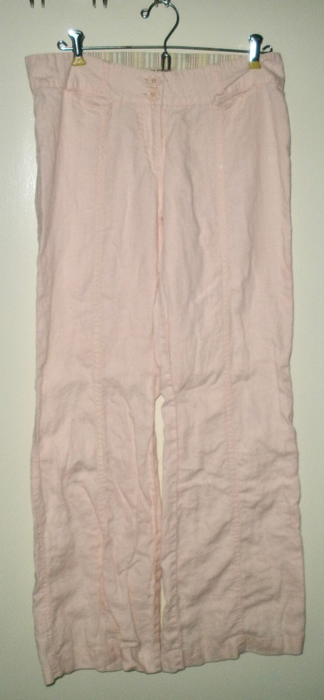 #1151 Doki Geki Linen Pants Women's Flare Leg Pockets Blush Cabana Baby Pink L
