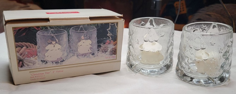 Frosted Christmas Tree Glass Candle Holder Set of 2 with Embossed Design