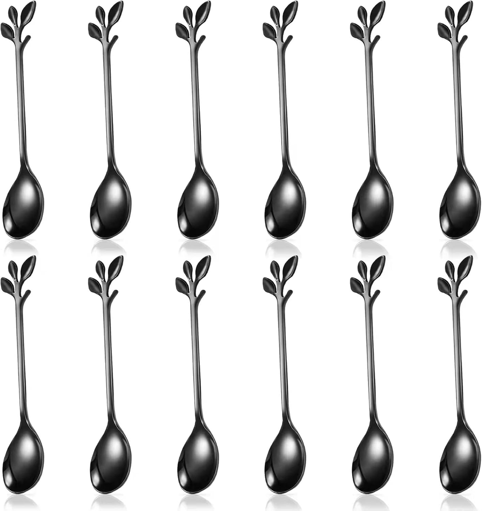 Mini Coffee Spoons, Food Grade Stainless Steel Tea Spoons, 4.7 Inch Black Leaf D