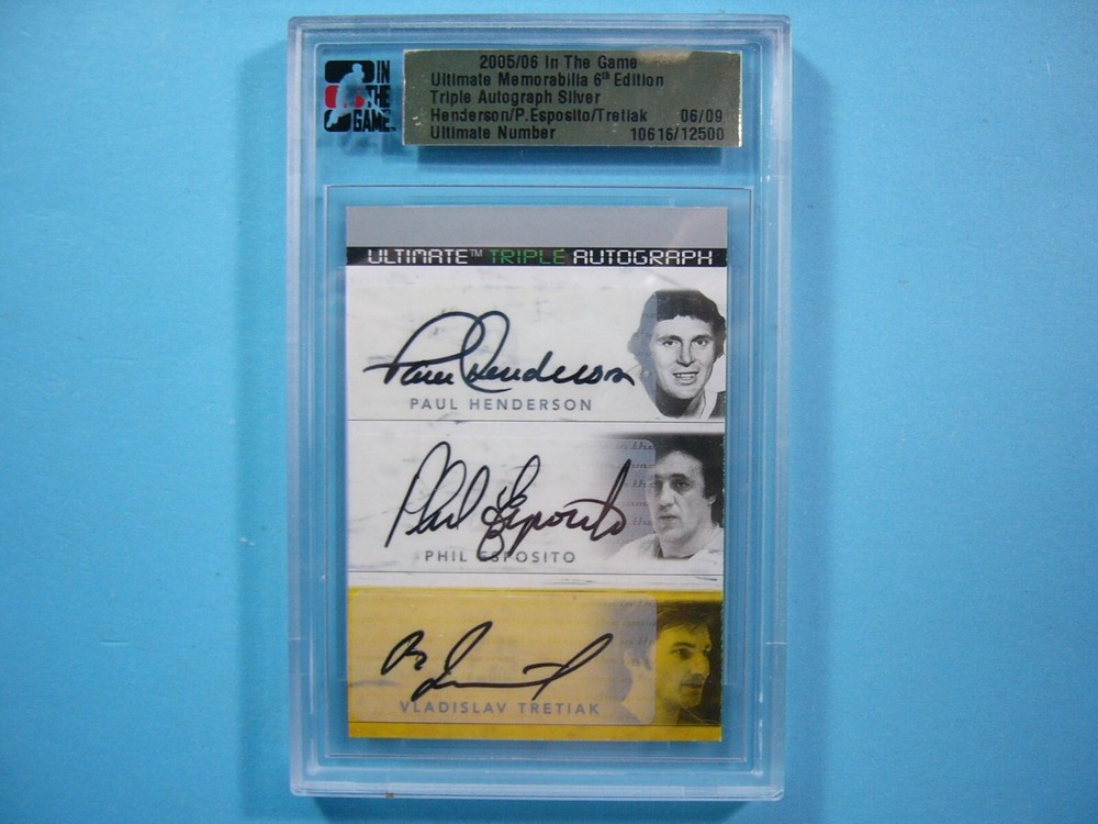 2005-06 In The Game Triple Auto Hockey Card Vladislav Tretiak Phil Esposito Autograph