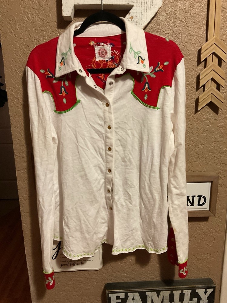 Double D Ranch Womens XL White Floral Pearl Snap Knit Shirt with Cowboy Embroidery-image