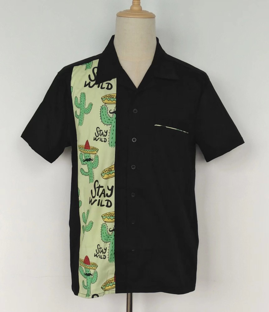 Men's Black Cactus Print Casual Hawaiian Shirt ST110cactusWild-P Size L