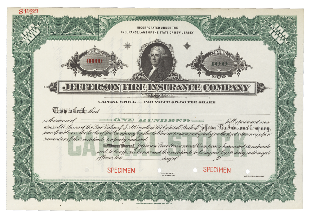 Jefferson Fire Insurance Company. Stock Certificate.