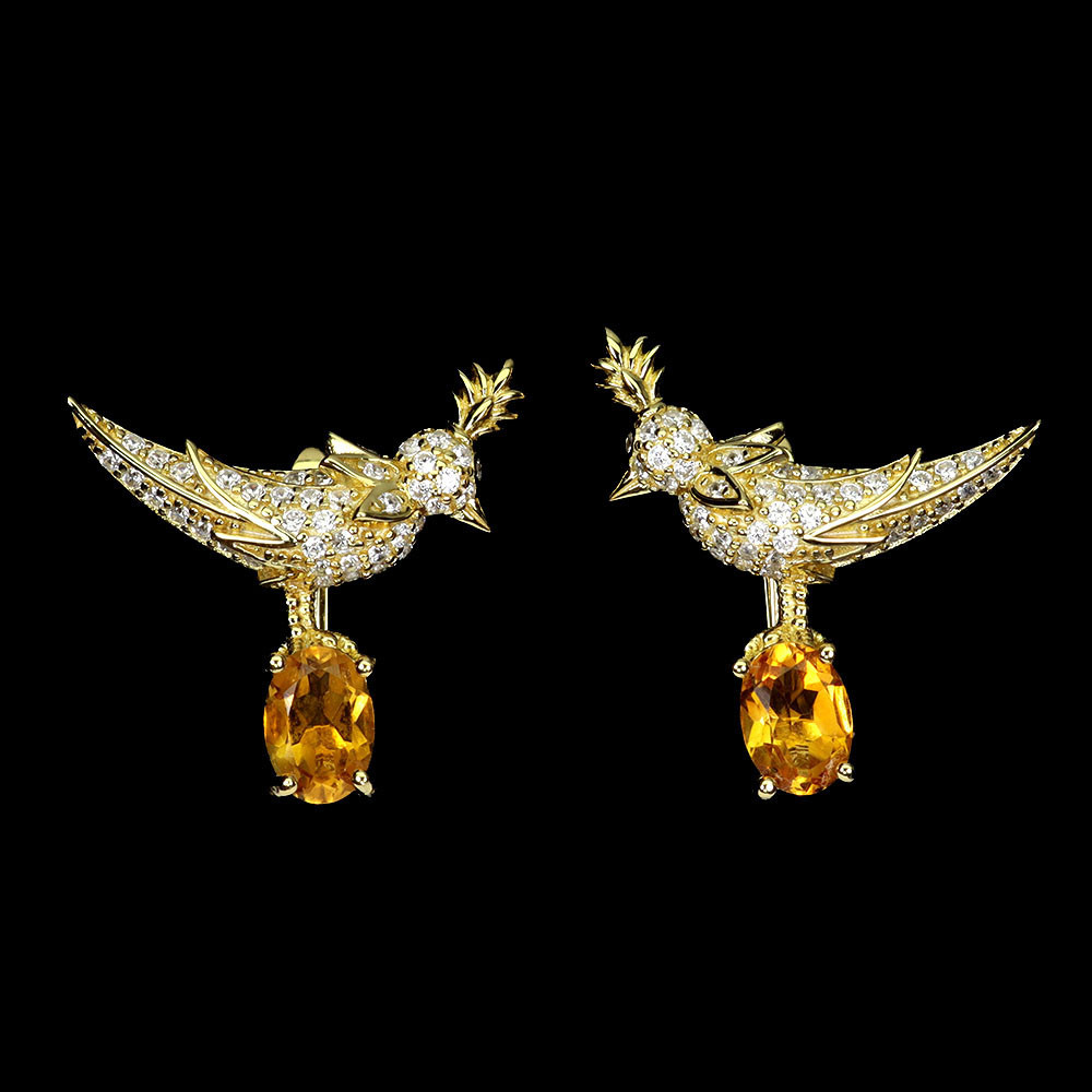 925 Sterling Silver Oval Citrine Earrings with Bird Design Natural Gemstone