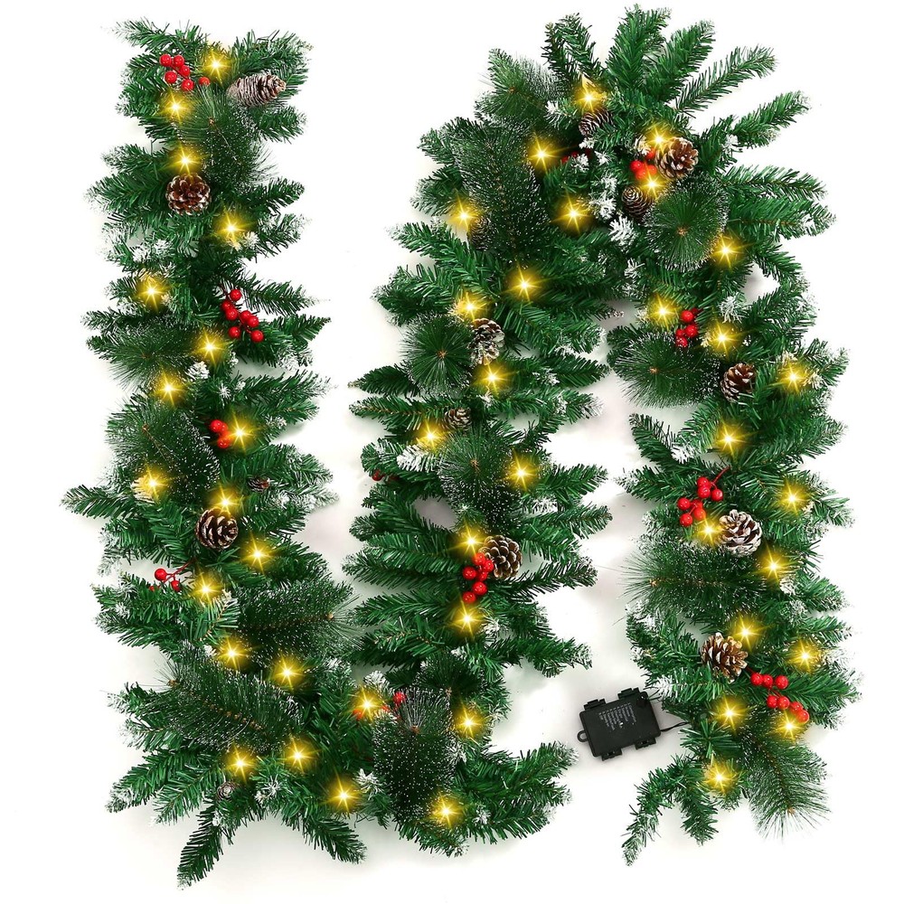 9 ft Battery-Operated Christmas Lighted Garland with 50 Warm White Lights, Artificial Holiday Decoration for Indoor or Outdoor Use
