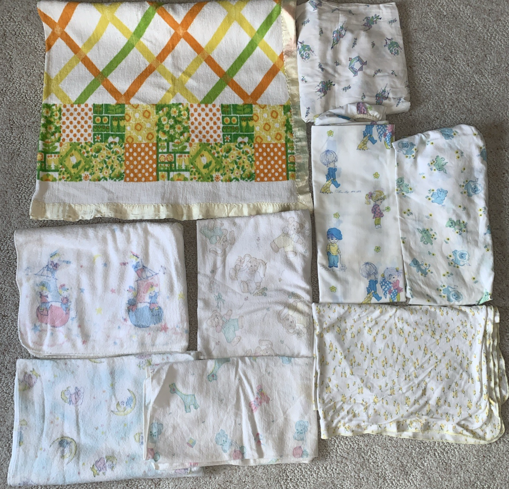 Lot of 9 vintage 70s-90’s Receiving Baby Blankets Crib Sheets