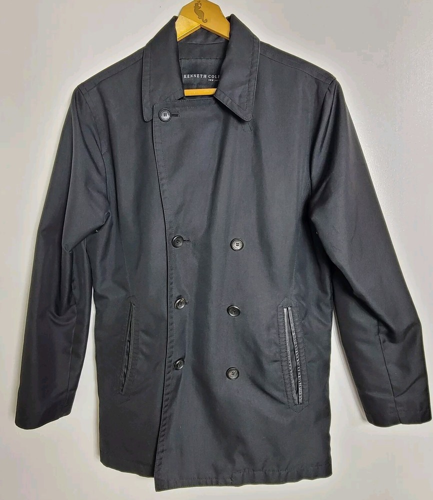 Kenneth Cole Mens Black Double Breasted Pea Coat Jacket