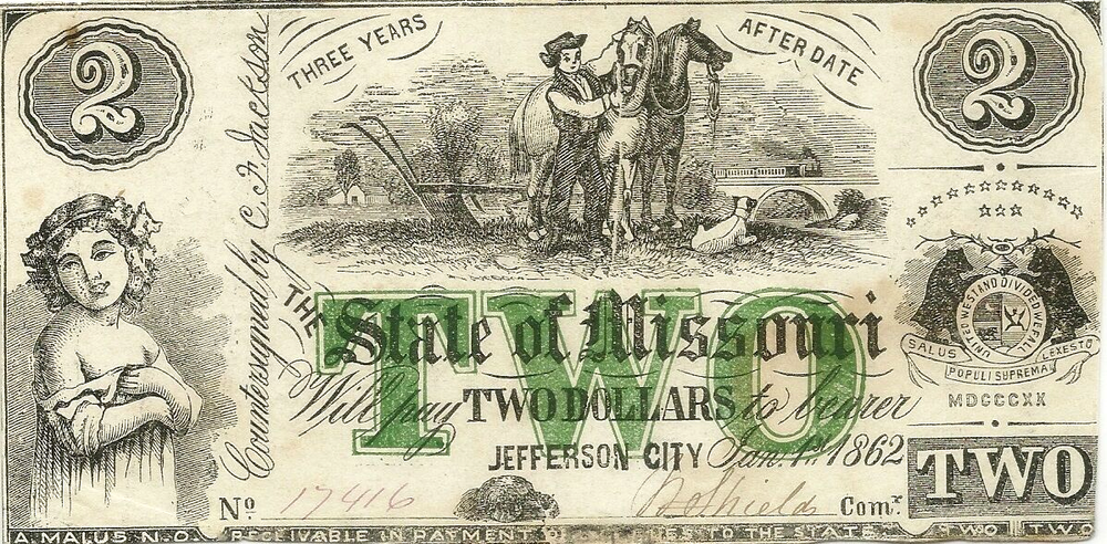 1862 STATE OF MISSOURI $2 CIVIL WAR CURRENCY NOTE - BEAUTIFUL CHOICE CRISP
