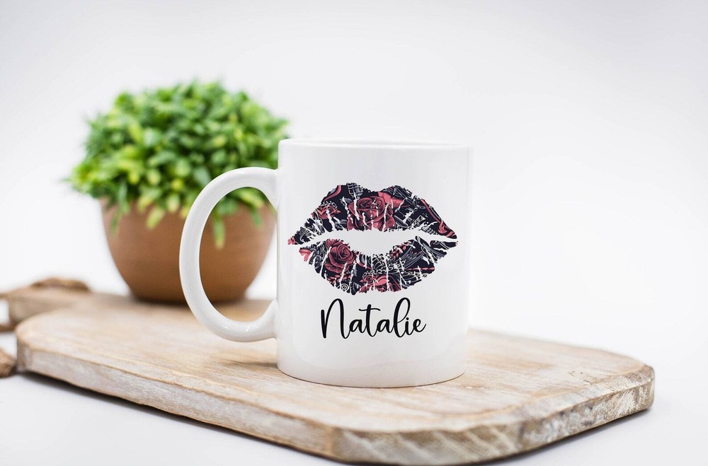 Personalized Coffee Mug Personalized Name Coffee Cup Tattoo Rose Bird Lips Mug