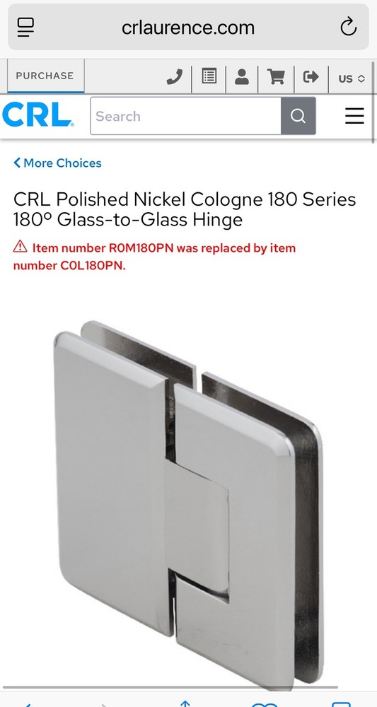 C.R. LAURENCE C0L180PN CRL Polished Nickel Cologne 180 Series 180 Glass-to-glass