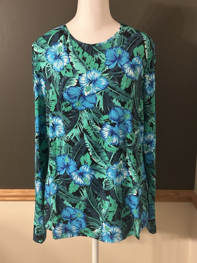 Lands End Rash Guard Top Swim Shirt Medium 10-12 Blue Green Floral UPF SUN