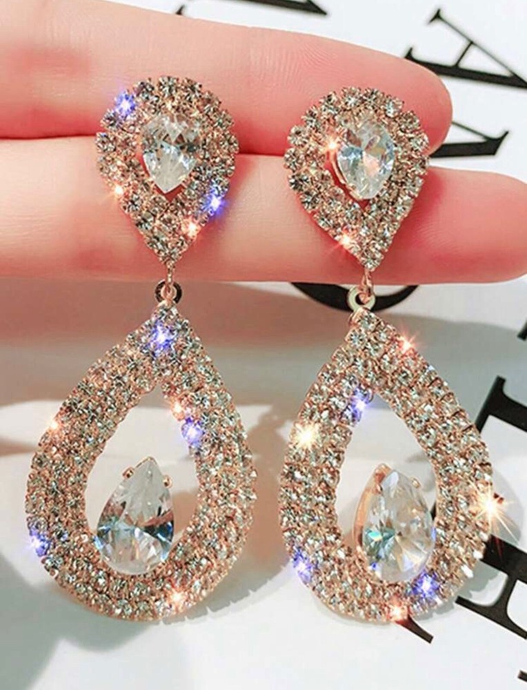 Stylish rhinestone water drop pendant earrings for women