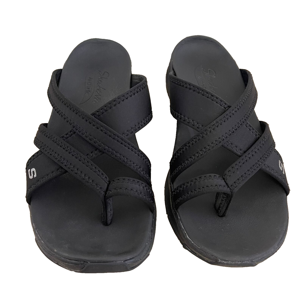 SKECHERS Women Archfit Flex Appeal Strappy Sandal Flip Flop Black Comfort Size 8