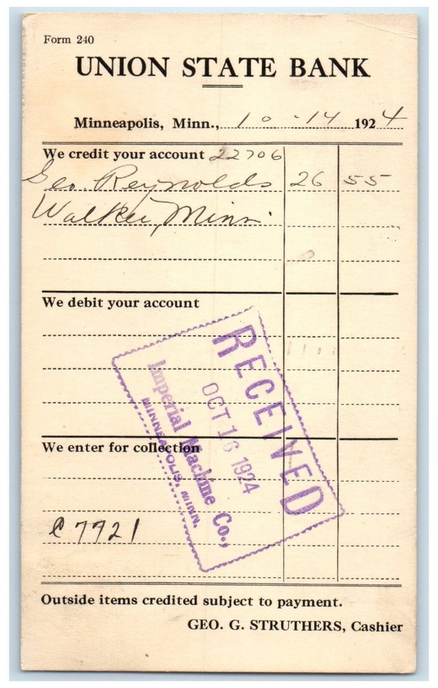 1924 Union State Bank Minneapolis Minnesota MN Posted Vintage Postal Card