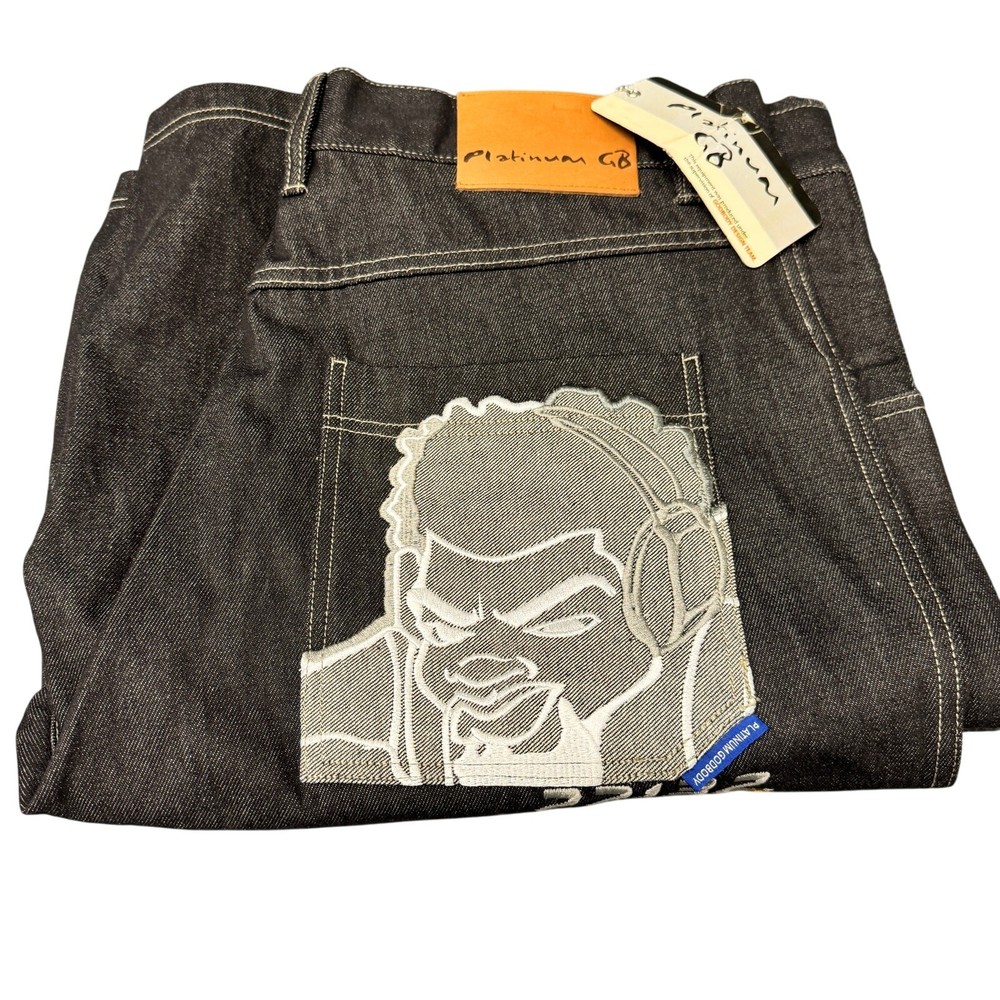 Platinum Godbody Shorts Mens 40 (41x12.5 ACTUAL) Black Denim Embroidered Y2K NEW