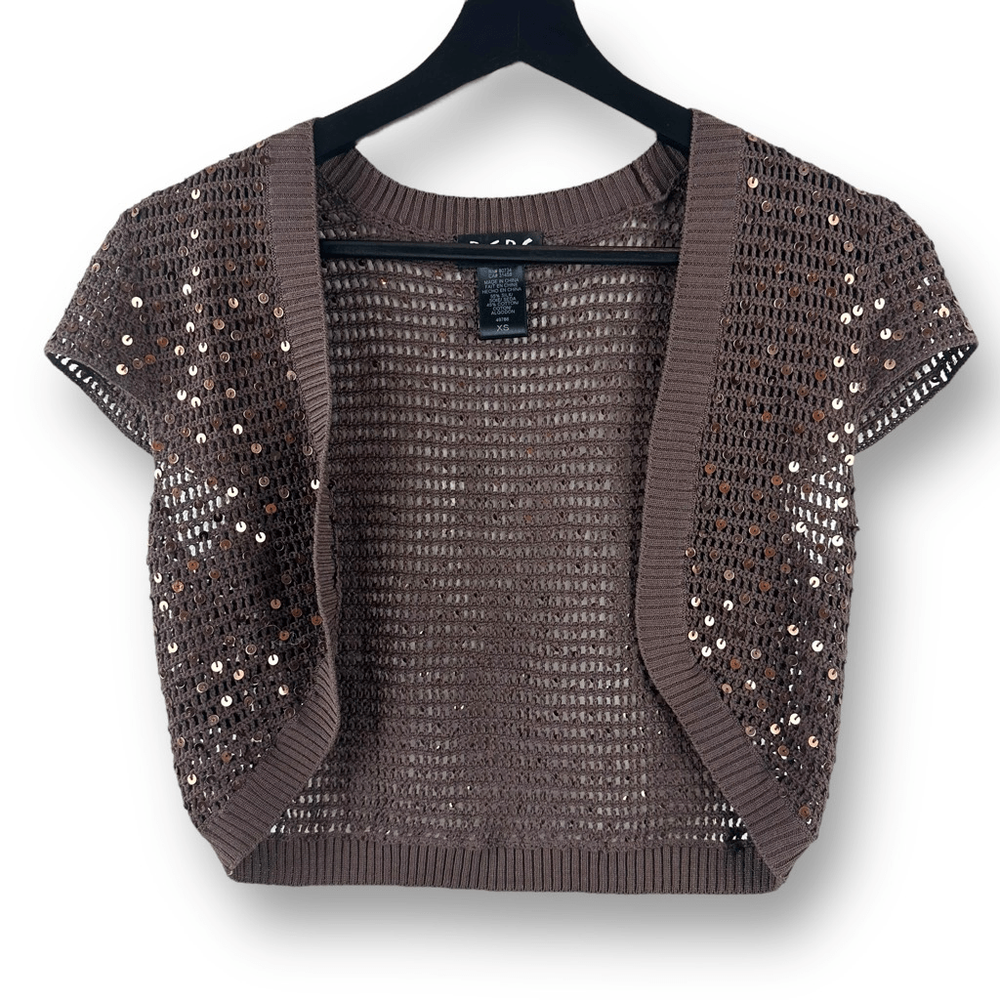 BCBG Women's XS Brown Sequin Metallic Open Knit Shrug Iconic Celeb Style Y2K