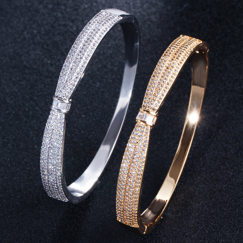 Women Elegant Gold Plated Bowknot Cubic Zircon Wedding Cuff Bangle Bracelet Gift