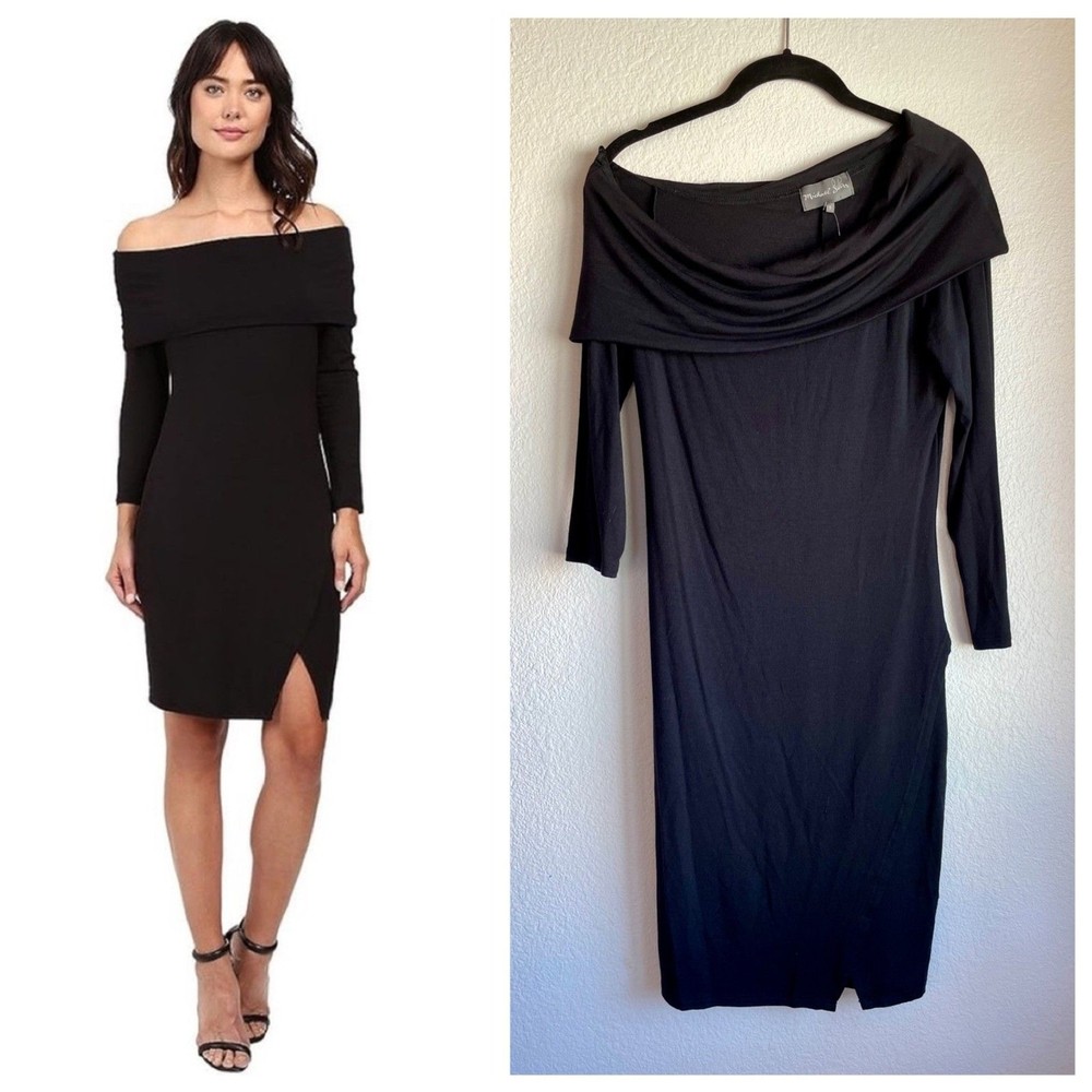 NWT Michael Stars Off the Shoulder Long Sleeve Modal Fitted Black Cocktail Dress