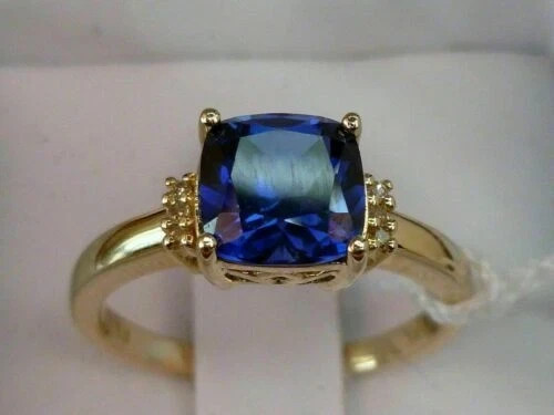 3.25 Ct Cushion Cut Blue Sapphire Diamond Wedding Ring 14K Solid Yellow Gold