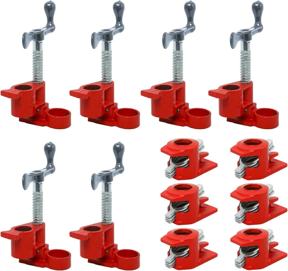(6 Pack) 3/4″ Wood Gluing Pipe Clamp Set Red Cast Iron Clamps Heavy Duty Quick