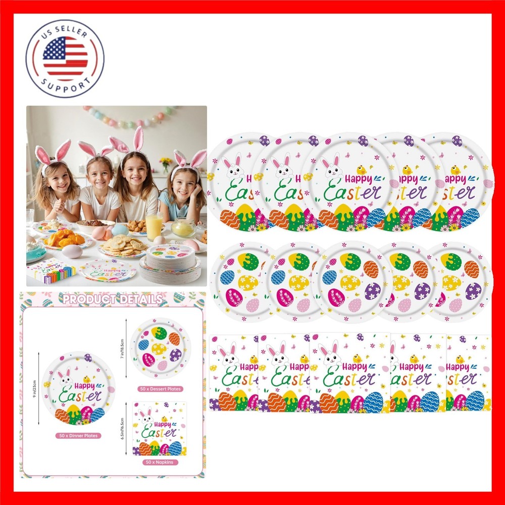 150 Pcs Happy Easter Plates and Napkins - Easte Egg Paper Dinnerware Set, Cut...