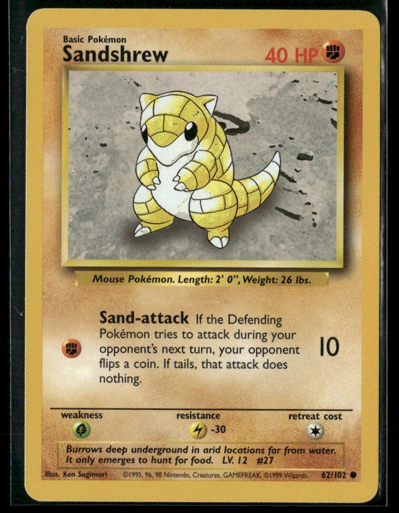 1999 Pokémon TCG Sandshrew #62/102 Holo Rare Card