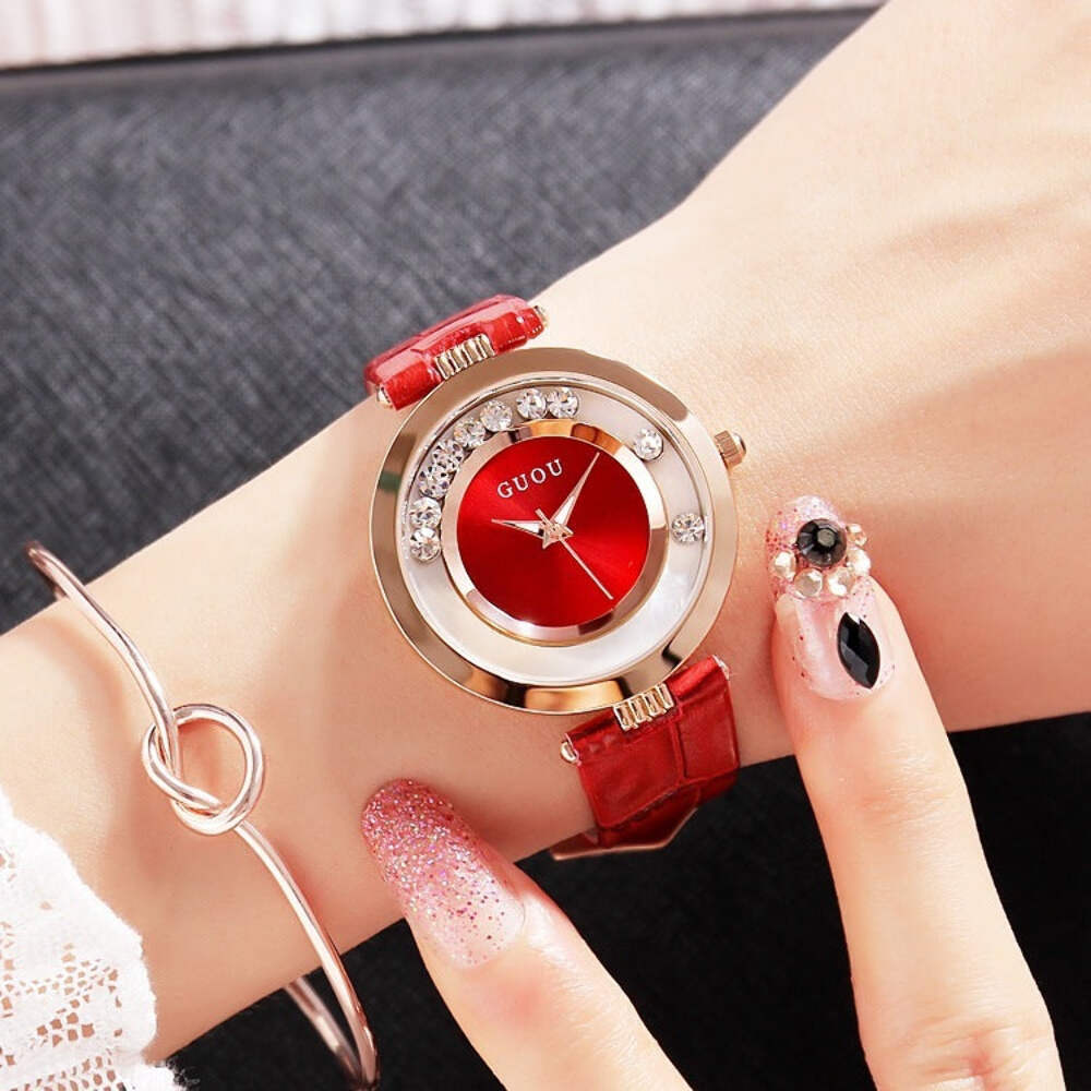 Stylish Quicksand Rhinestone Waterproof Ladies Watch with Genuine Leather Strap