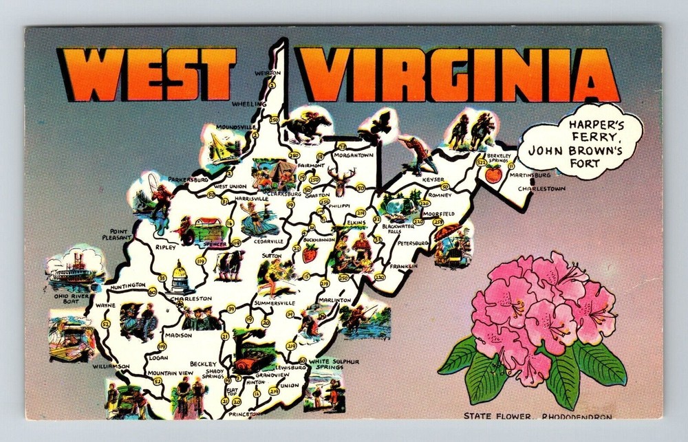 WV-West Virginia, Scenic Landmarks Map Greetings, Vintage Postcard