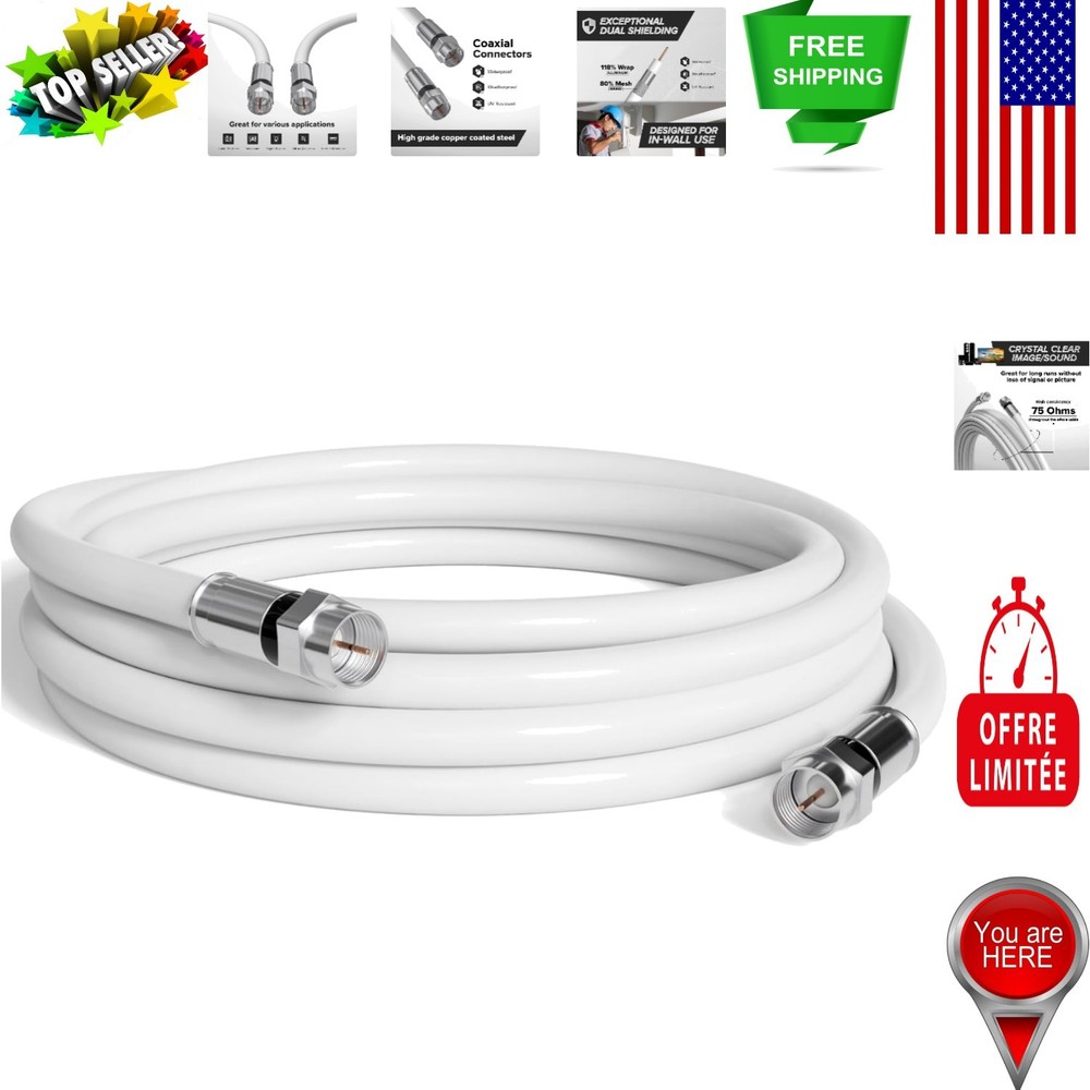 10 FT RG6 Coax Cable for Easy Indoor Outdoor Weatherproof Installation