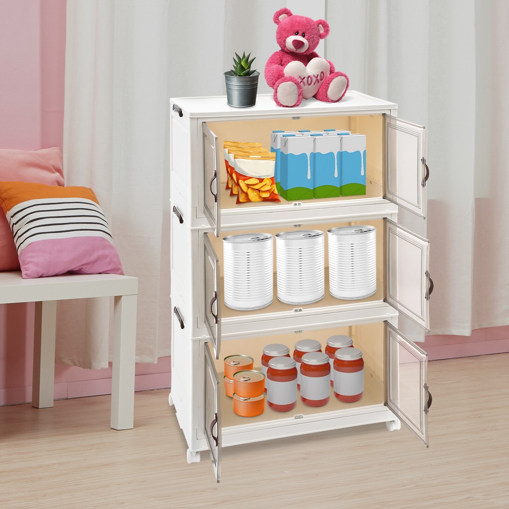 3-Tier Foldable Stackable Storage Cabinet with Wheels Modern Organizer
