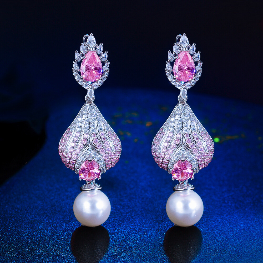 Elegant Long Dangle Pearl Earrings Pink Drop Silver Plated CZ Jewelry for Women
