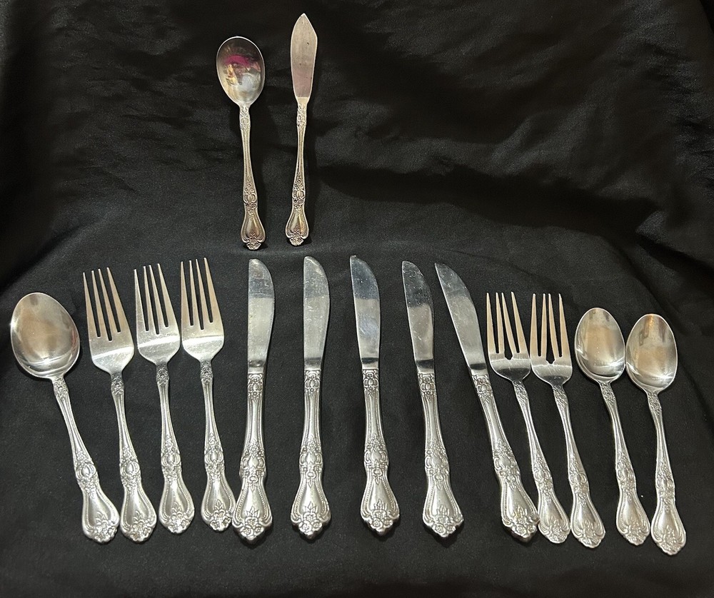 Lot of 15 Rogers Precious Rose Cutlery Set with Forks, Spoons, Knives, Butter Spreader & Sugar Spoon