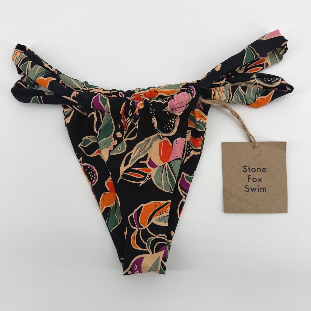 Stone Fox Swim Bijou Tropical Floral Bikini Bottoms Black Multi Size Medium NEW