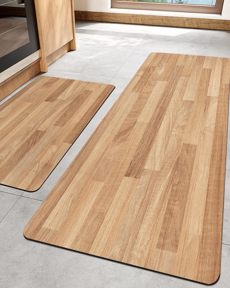 Teak-Like Wood Grain Kitchen Mat Set of 2 – Nonslip Quick-Dry Washable Waterproof Floor Rug