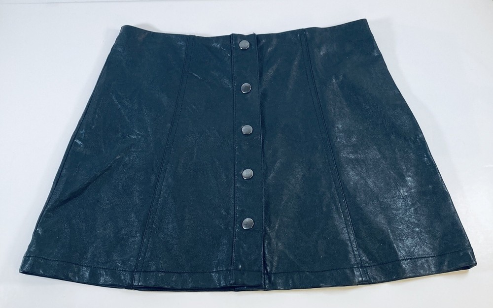 Faux Leather Mini Skirt with Silver Snaps Women M 29W Black Moto Biker Style
