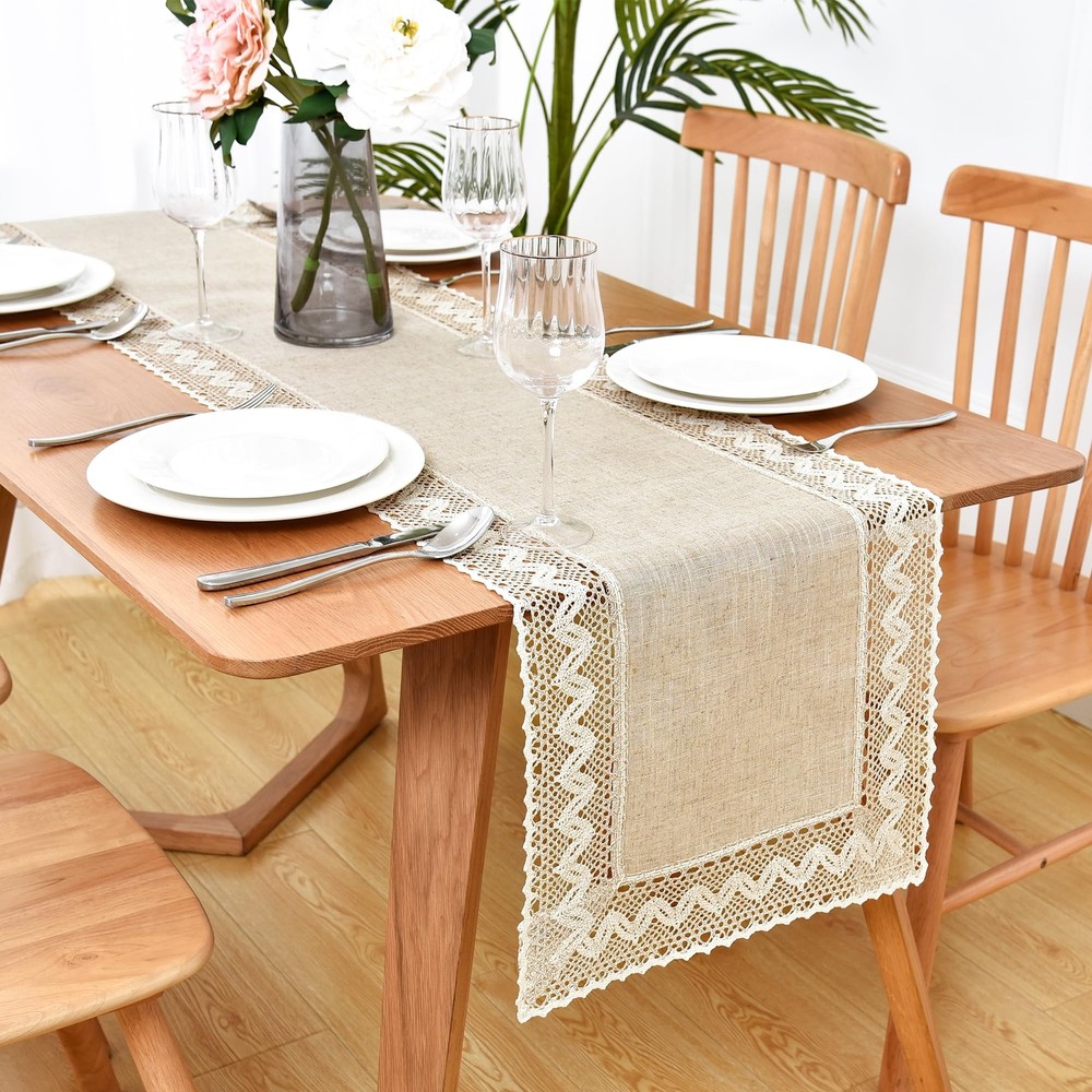 Linen Rustic Farmhouse Style Table Runner Beige Lace Basic Flax Decorative Table