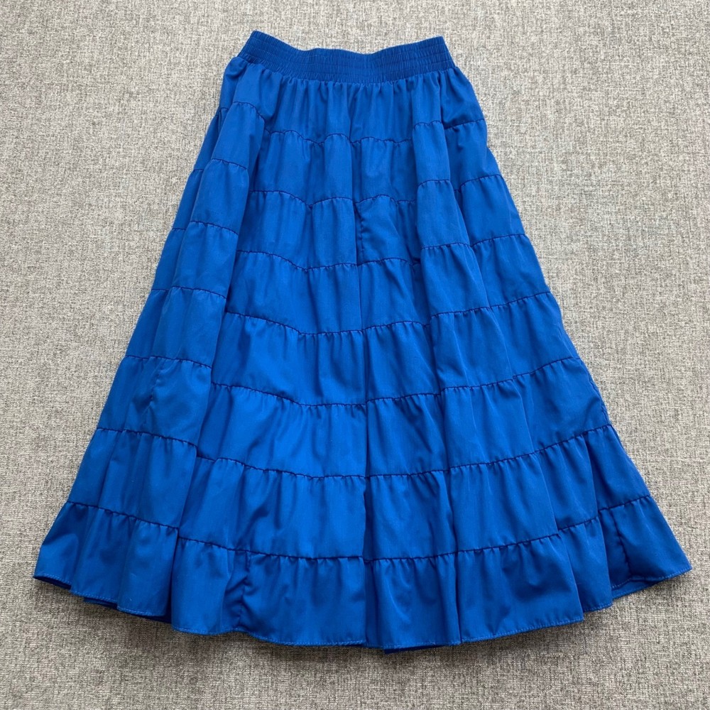 VTG Twirlerz Swing Dancing Women's Blue Tiered Maxi Skirt Elastic Sz M Flowy