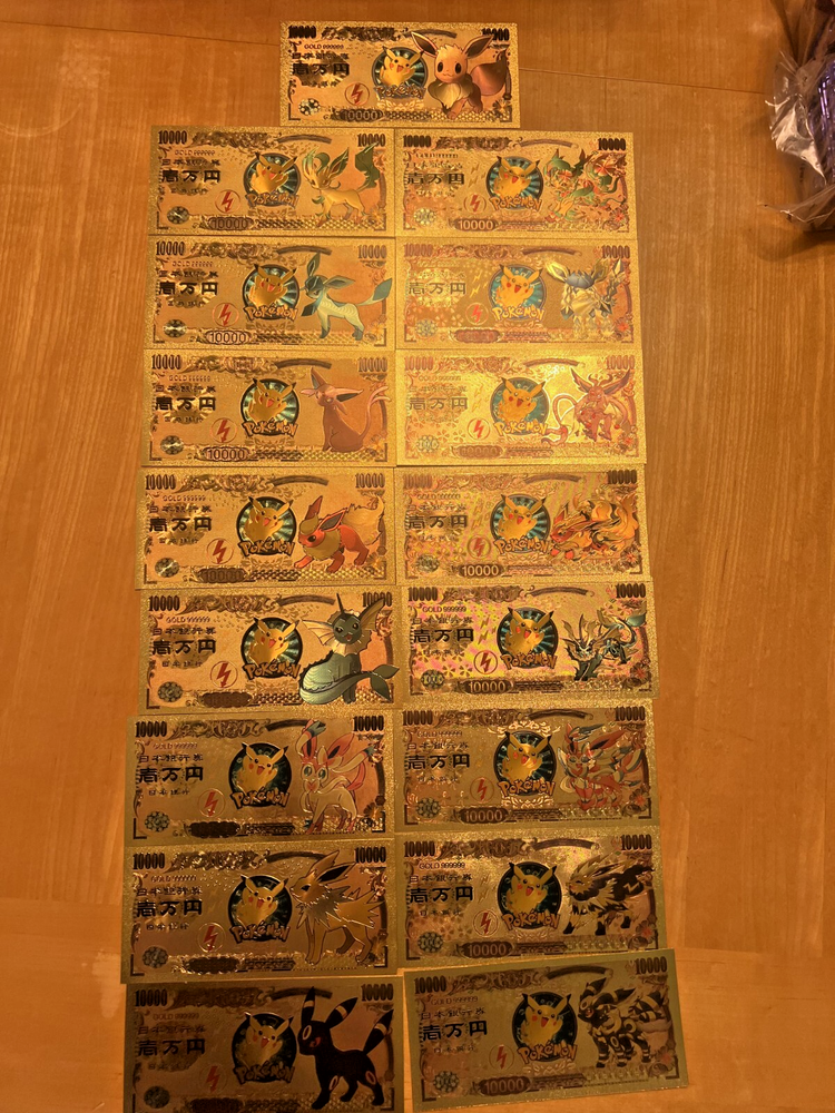 17 pcs Lot - Eevee Evolutions & Mega Evelutions - 24k Gold Foil Banknote Pokemon