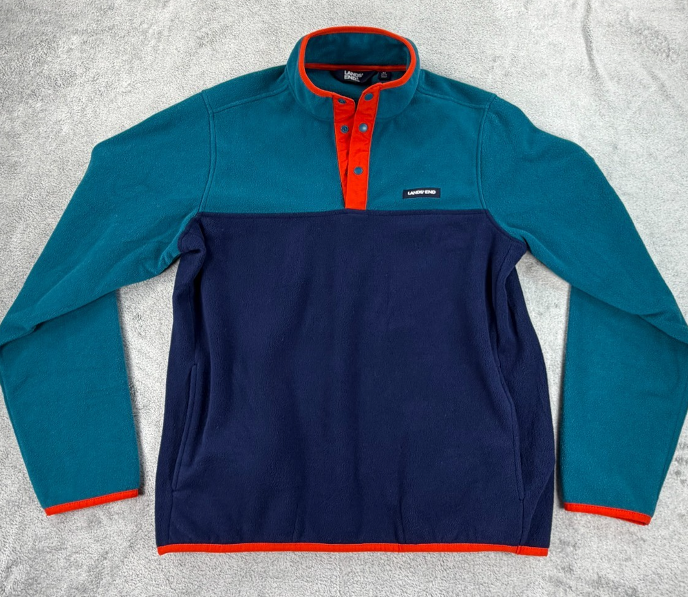 Lands’ End Fleece Jacket Men’s Snap Pullover M Teal Navy Colorblock Heritage