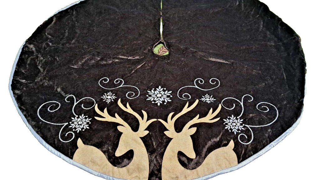 Velvet Burlap Christmas Tree Skirt with Deer Design 46 Inch Rare Find-image