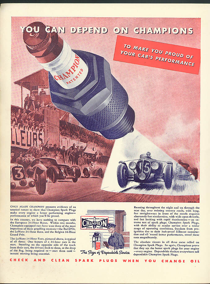 You can depend on Champion Spark Plugs ad 1938 LeMans 24-hours Helck art