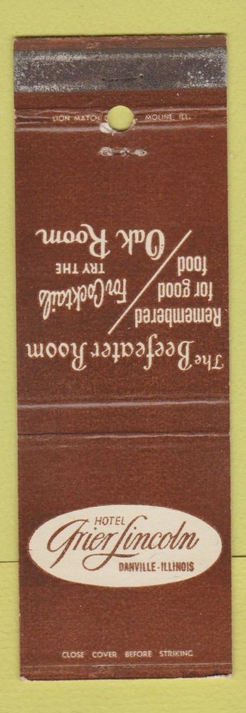 Vintage Hotel Grier Danville IL Matchbook Cover Collectible  