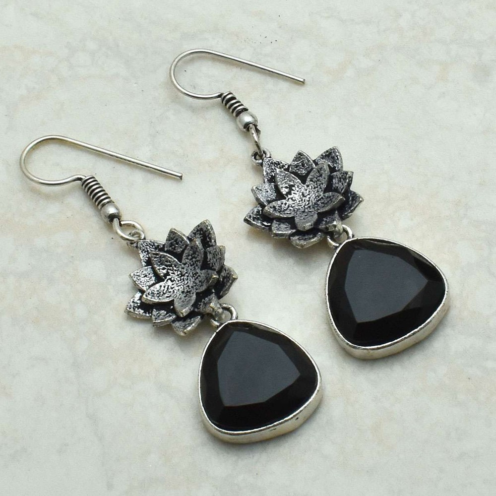 Black Onyx Gemstone Handmade Drop Dangle Earrings Jewelry 2.04