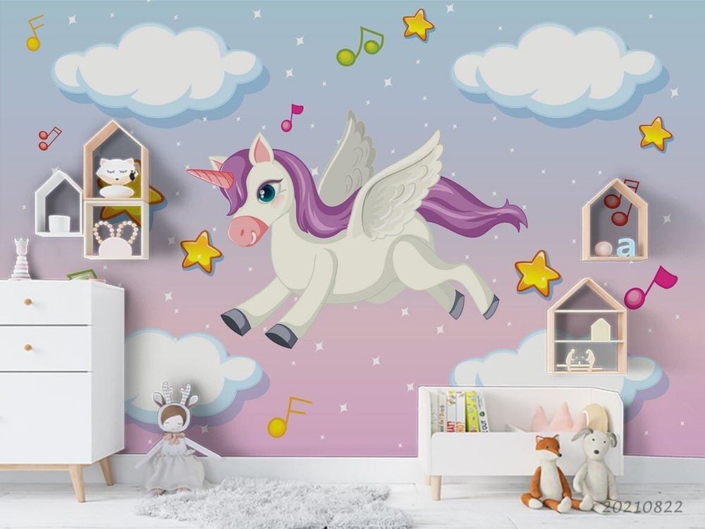 3D Cartoon Unicorn Sky Cloud Kids Wall Murals Wallpaper Murals Wall Sticker 178