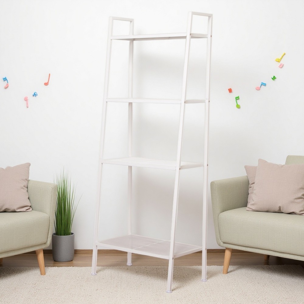 4-Tier Ladder Shelf - Heavy Sturdy, White & Metal Plants Ladder Bookcase