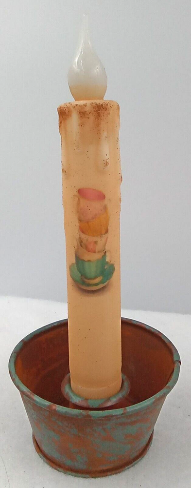 Rustic Green Metal Teacup Holder with 7 Inch Battery LED Taper Candle