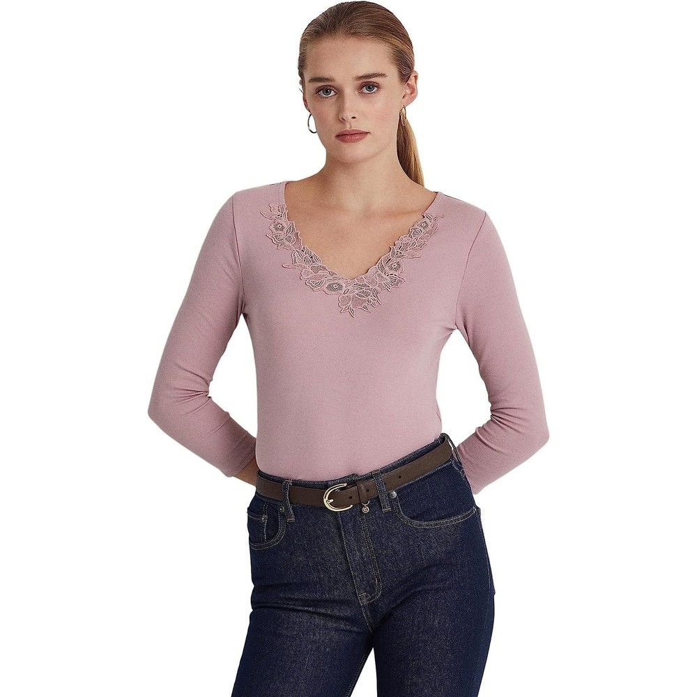 Lauren Ralph Lauren Scottish Primrose Knit Stretch Cotton Lace Trim Top Size S